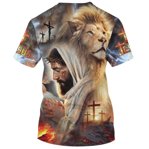 Jesus Prayer With Lion 3D T Shirt, Christian T Shirt, Jesus Tshirt Designs, Jesus Christ Shirt