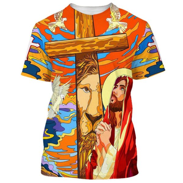 Jesus Praying Lion Of Judah Christian Cross Faith 3D T Shirt, Christian T Shirt, Jesus Tshirt Designs, Jesus Christ Shirt