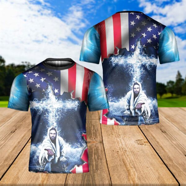 Jesus Take My Hand American Flag Cross Independence Day God Bless America 3D T Shirt, Christian T Shirt, Jesus Tshirt Designs, Jesus Christ Shirt