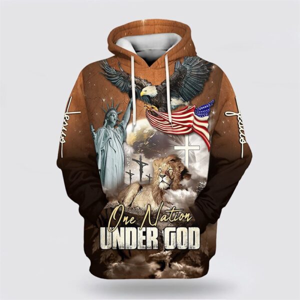 One Nation Under God Bald Eagle American Flag And Lion 3D Hoodie, Christian Hoodie, Bible Hoodies, Scripture Hoodies