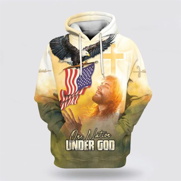 One Nation Under God Hoodie Jesus Bald Eagle American Flag 3D Hoodie, Christian Hoodie, Bible Hoodies, Scripture Hoodies