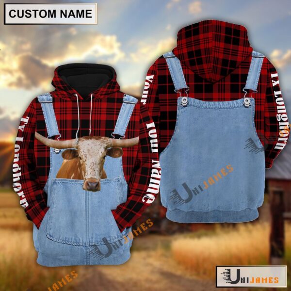 Texas Longhorn Red Jeans Pattern Personalized Name 3D Hoodie, Farm Hoodie, Farmher Shirt