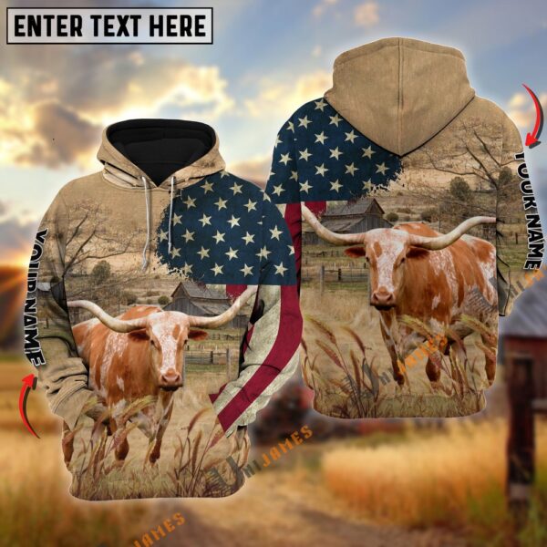 Texas Longhorn US Flag Customized Name 3D Hoodie, Farm Hoodie, Farmher Shirt