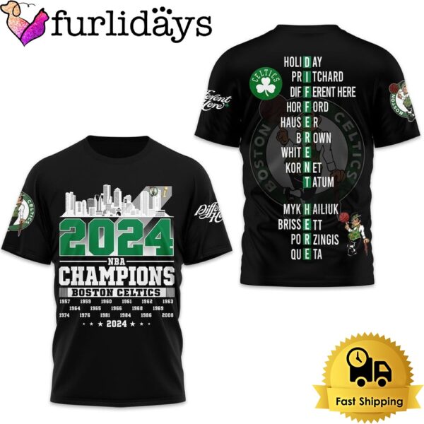 Boston Celtics NBA Finals Champions 2024 Black All Over Print T-Shirt