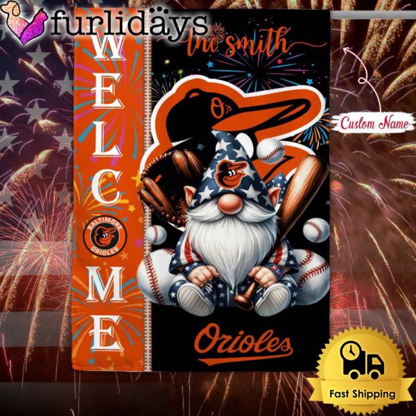 Custom Name MLB Baltimore Orioles Gnomes 4th Of July Flag