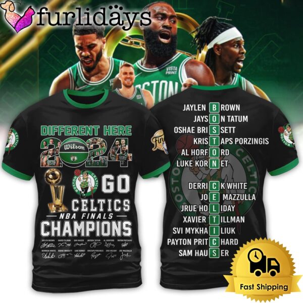Different Here 2024 Go Boston Celtics NBA Finals Champions Signature All Over Print T-Shirt