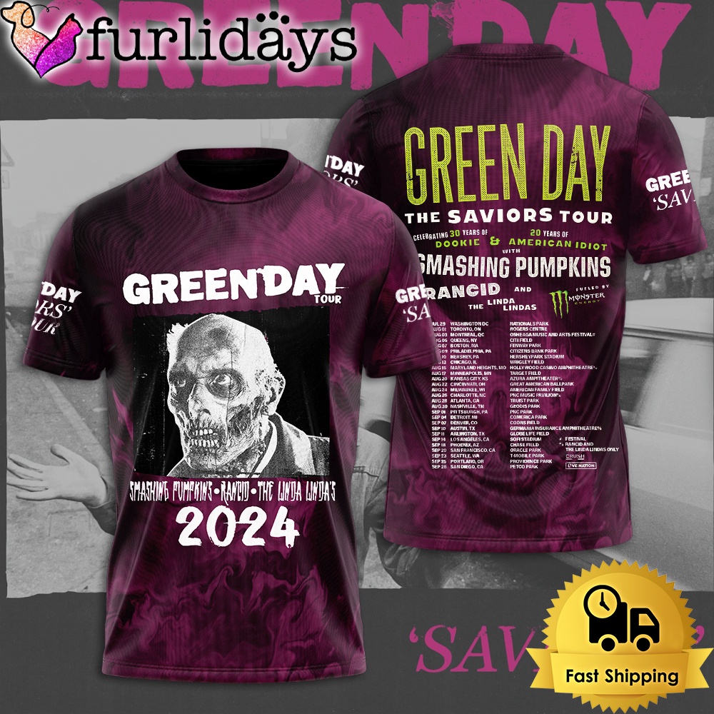 Green Day Tour 2024 Smashing Pumpkins Rancid The Linda Lindas All Over Print T-Shirt