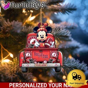 Custom Name NCAA Alabama Crimson Tide Red Truck With Mickey Mouse Ornament