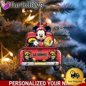 Custom Name NCAA Iowa Hawkeyes Red Truck With Mickey Mouse Ornament