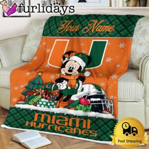 Custom Name NCAA Miami Hurricanes Mickey Christmas Fleece Blanket