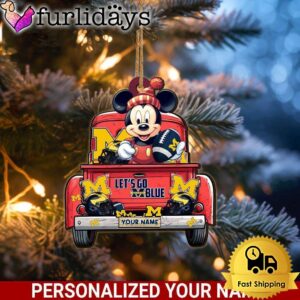 Custom Name NCAA Michigan Wolverines Red Truck With Mickey Mouse Ornament