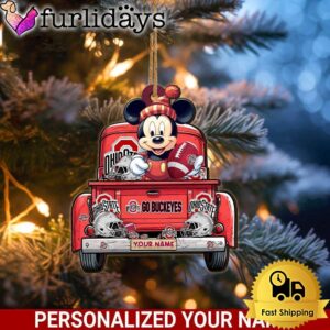 Custom Name NCAA Ohio State Buckeyes Red Truck With Mickey Mouse Ornament