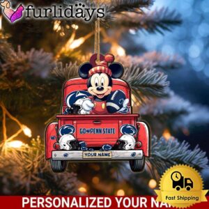 Custom Name NCAA Penn State Nittany Lions Red Truck With Mickey Mouse Ornament