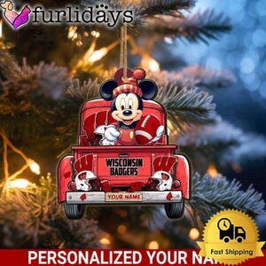 Custom Name NCAA Wisconsin Badgers Red Truck With Mickey Mouse Ornament