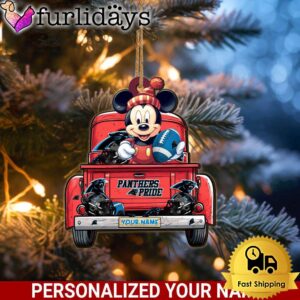 Custom Name NFL Carolina Panthers Red Truck With Mickey Mouse Ornament