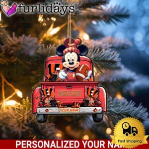 Custom Name NFL Cincinnati Bengals Red Truck With Mickey Mouse Ornament