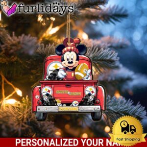 Custom Name NFL Pittsburgh Steelers Red Truck With Mickey Mouse Ornament