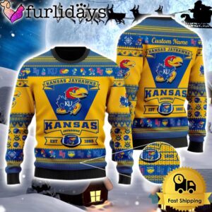 NCAA Kansas Jayhawks Logo Custom Name For Football Fans Ugly Christmas Sweater