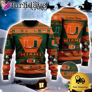 NCAA Miami Hurricanes Logo Custom Name For Football Fans Ugly Christmas Sweater