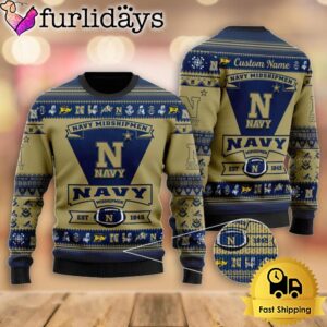 NCAA Navy Midshipmen Football Team Logo Custom Name Ugly Christmas Sweater