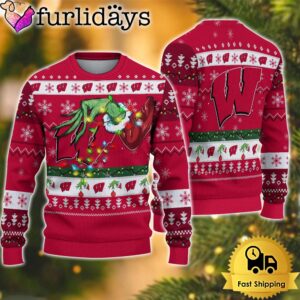 NCAA Wisconsin Badgers Merry Christmas Grinch Hand Ugly Christmas Sweater