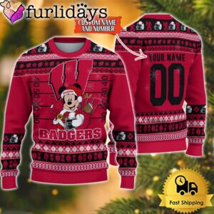 Personalized NCAA Wisconsin Badgers Mickey Christmas Ugly Sweater