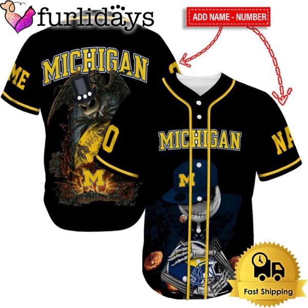 Michigan Wolverines Skull Halloween Custom Name And Number Baseball Jersey