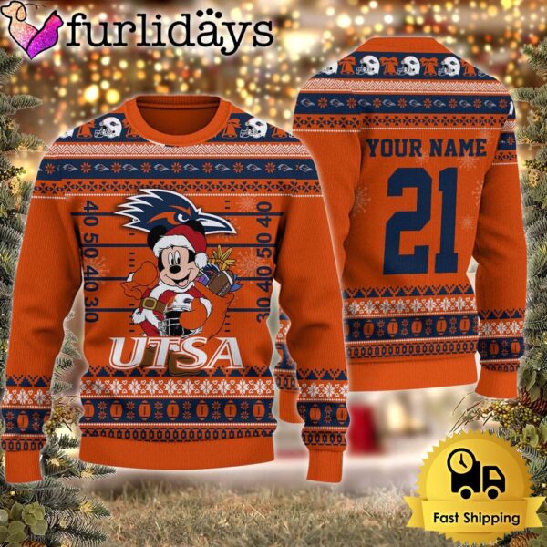 Custom NCAA UTSA Roadrunners Mickey Mouse Santa Ugly Christmas Sweater