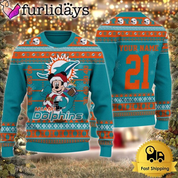 Custom NFL Miami Dolphins Mickey Mouse Santa Ugly Christmas Sweater