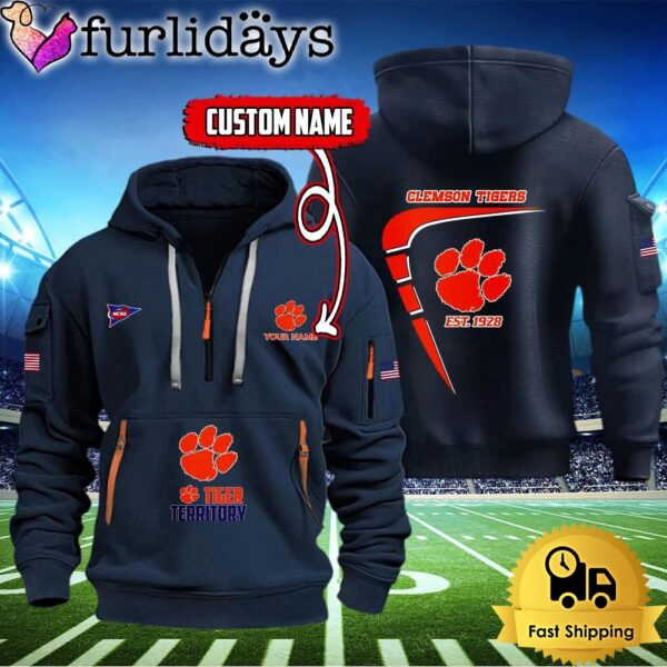 NCAA Clemson Tigers American Flag Custom Quarter Zip Hoodie