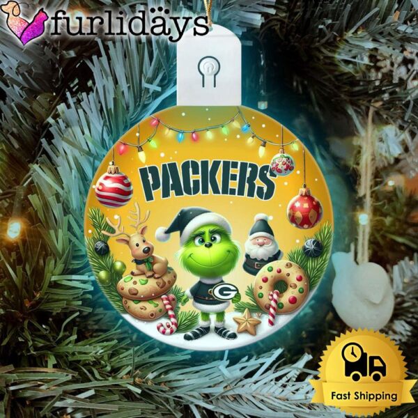 NFL Green Bay Packers Cute Grinch Christmas Circle Led Acrylic Ornament