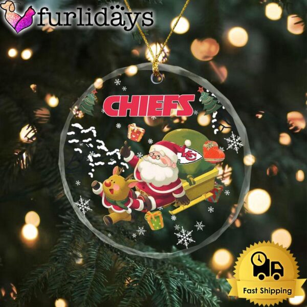 NFL Kansas City Chiefs Santa And Reindeer Christmas Crystal Glass Ornament