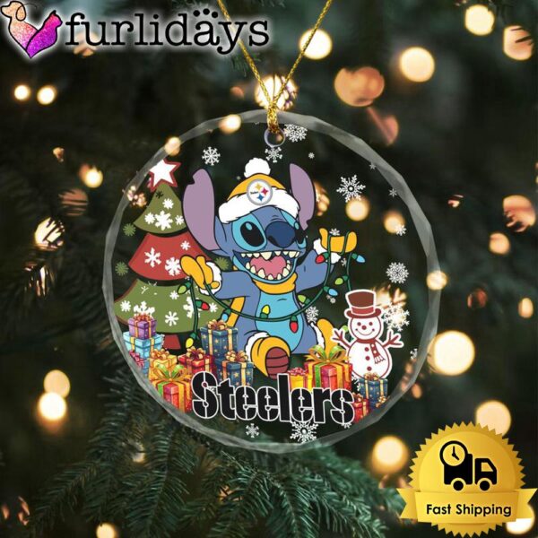 NFL Pittsburgh Steelers Cute Stitch Christmas Crystal Glass Ornament