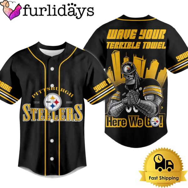 NFL Pittsburgh Steelers Wave Your Terrible Towel Here We Go Baseball Jersey