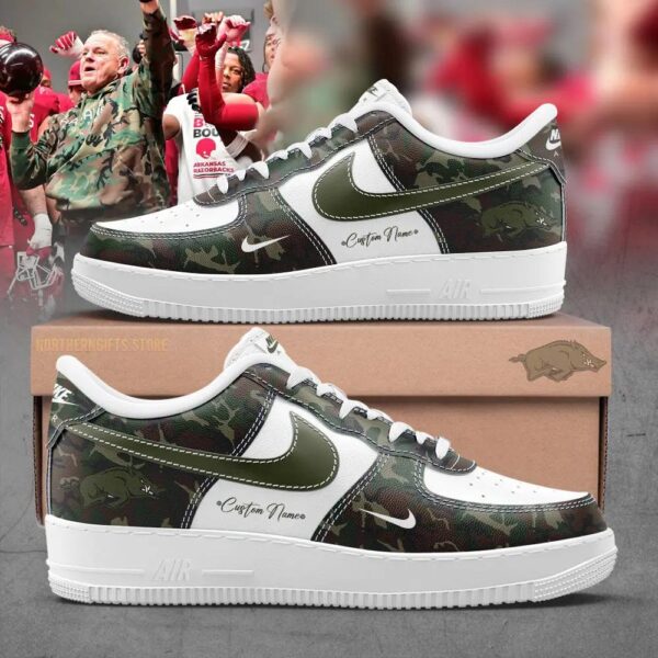 NCAA Arkansas Razorback Football Sam Pittman Camo Veteran Air Force 1 Shoes