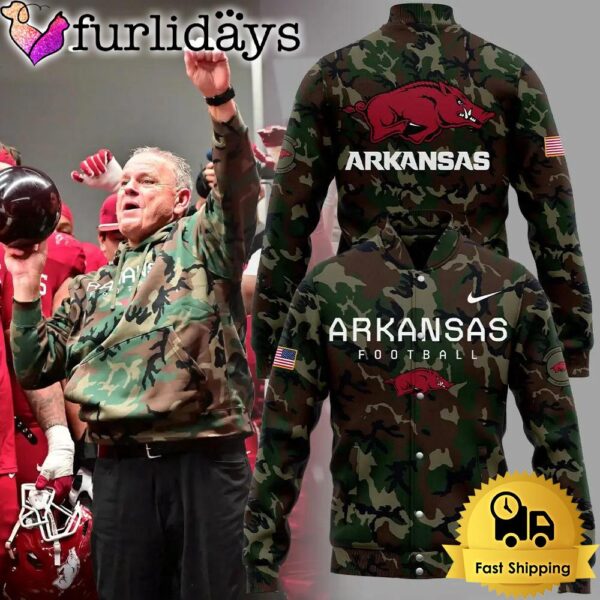 NCAA Arkansas Razorback Football Sam Pittman Camo Veteran Baseball Jacket