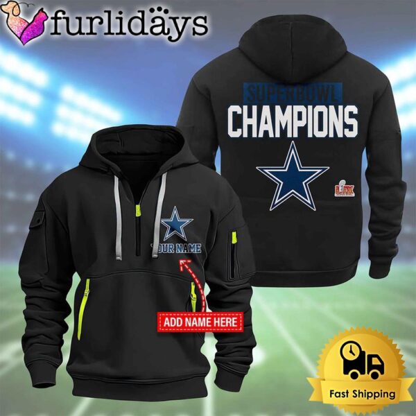 NFL Dallas Cowboys Custom Name Super Bowl LIX 2D Quarter Zip Hoodie