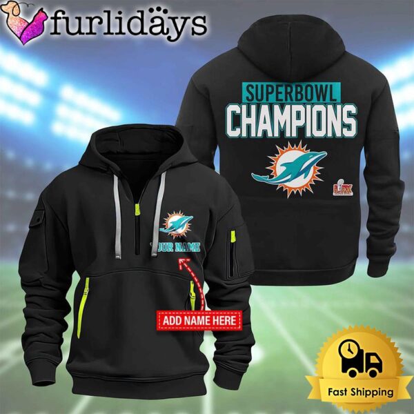 NFL Miami Dolphins Custom Name Super Bowl LIX 2D Quarter Zip Hoodie